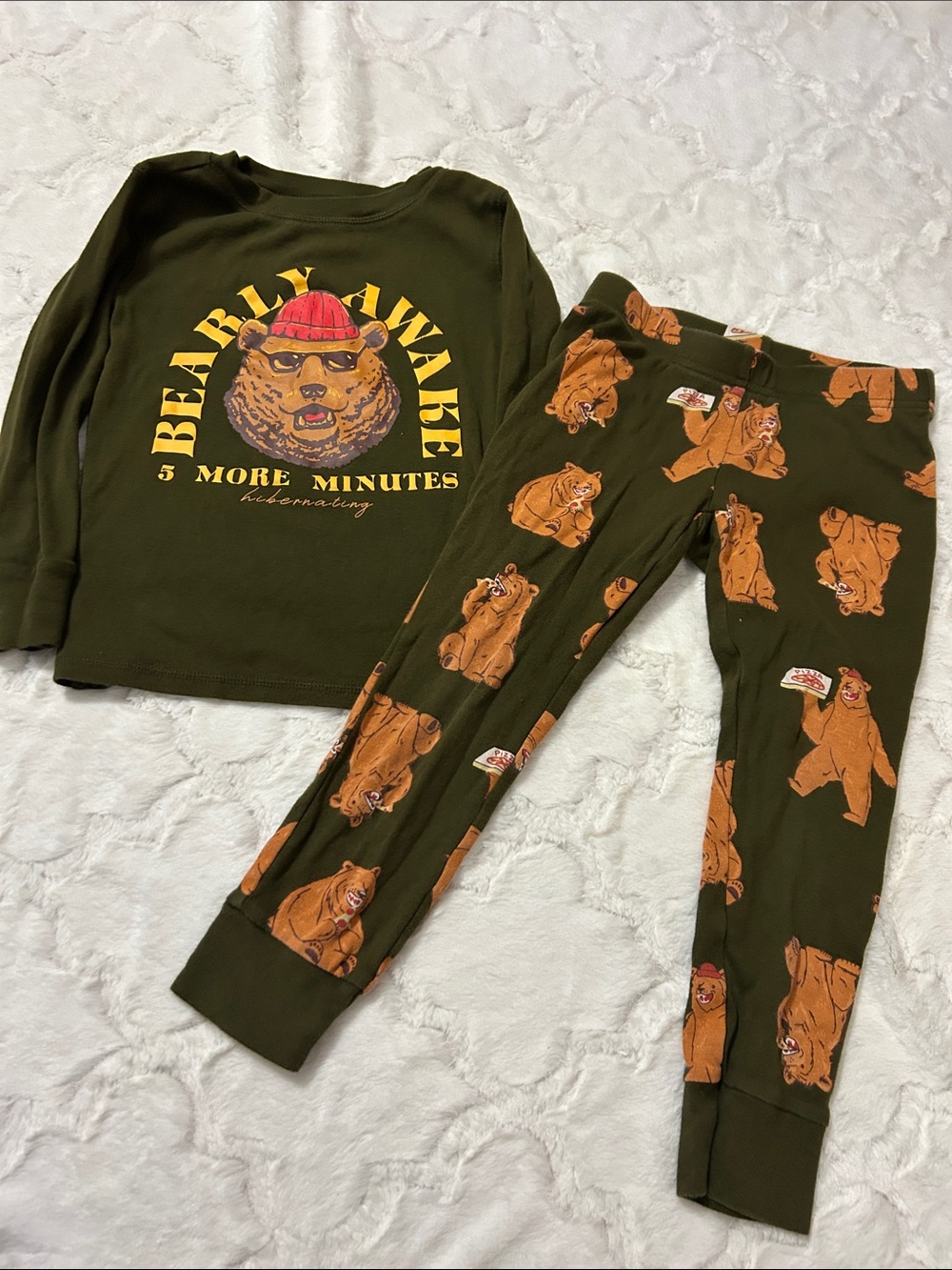 Old Navy Olive Green 'Bearly Awake' Kids Pajama Set with Brown Bear Print